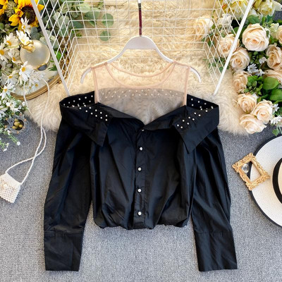 Camasa de dama model nou cu umerii goi si nasturi in alb si negru