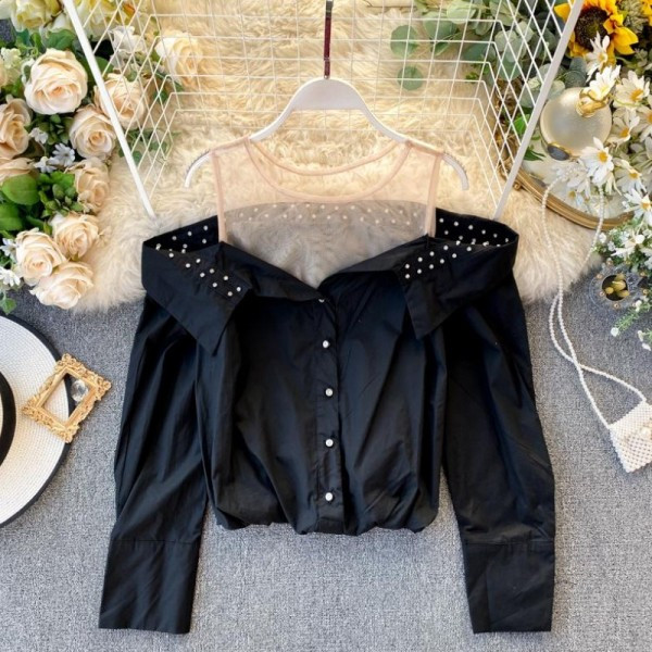 Camasa de dama model nou cu umerii goi si nasturi in alb si negru