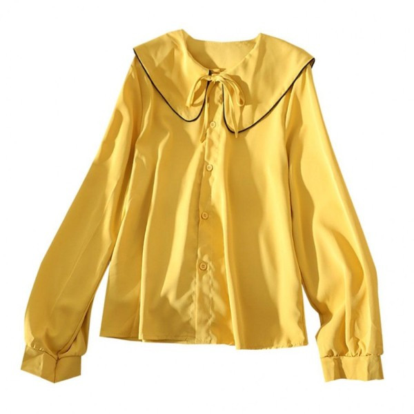 Modern női ing sárga, zöld, fehér és fekete szalaggal és gombokkal