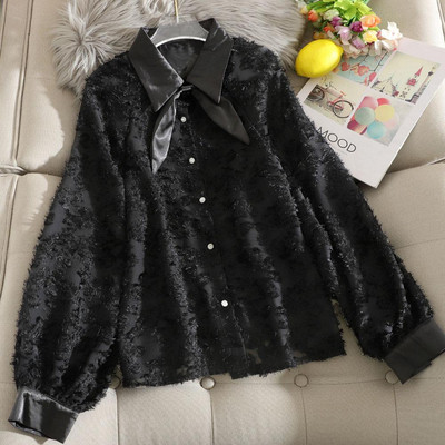 Cămașă de damă modernă cu guler și panglică clasică în alb, negru și bej