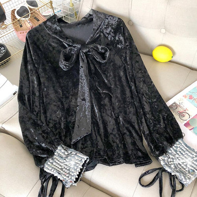 Modern női bársony ing szalaggal és flitterekkel több színben