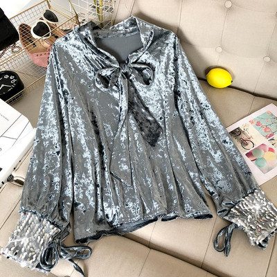 Modern női bársony ing szalaggal és flitterekkel több színben