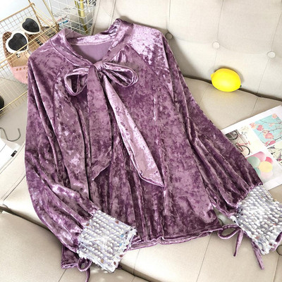 Modern női bársony ing szalaggal és flitterekkel több színben