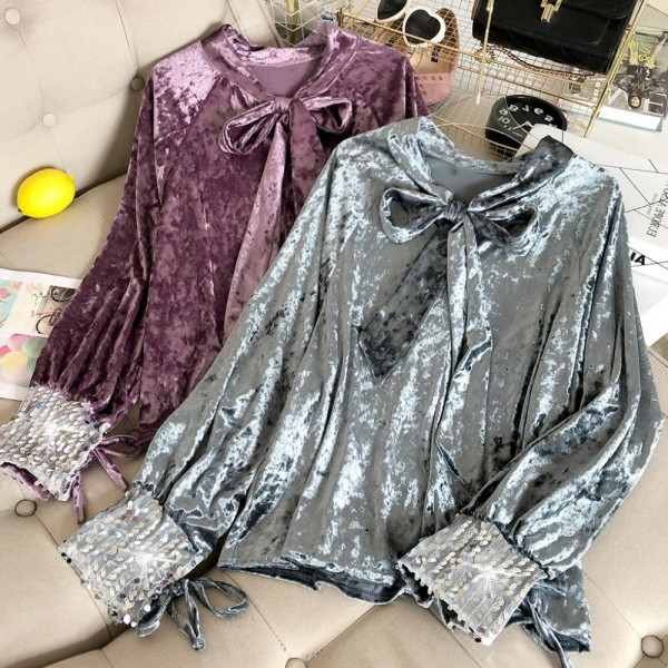 Modern női bársony ing szalaggal és flitterekkel több színben