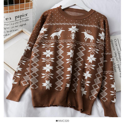 Modern női pulóver karácsonyi mintával és ovális nyakkivágással, négy színben