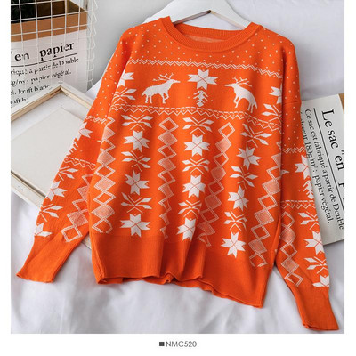 Modern női pulóver karácsonyi mintával és ovális nyakkivágással, négy színben