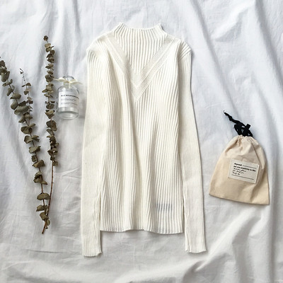 Női pulóver fekete, kék, rózsaszín és fehér színben, alacsony gallérral és hosszú ujjal