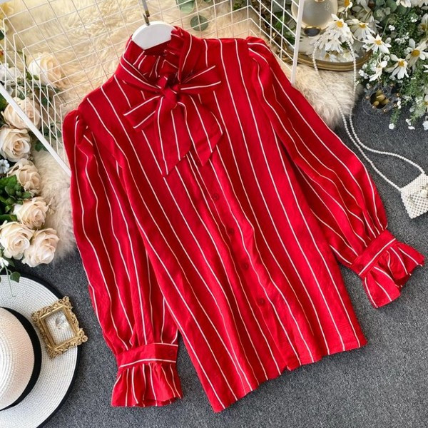 Modern női ing szalaggal és 3/4 ujjú piros, fehér és fekete színben