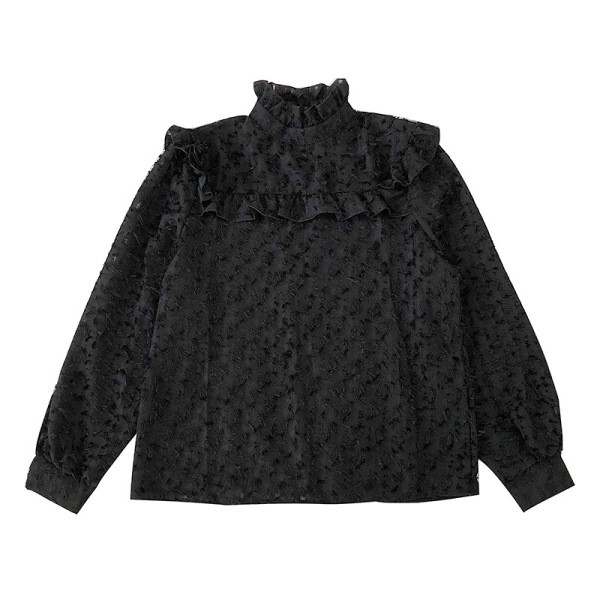 Bluză de damă în bej, alb și negru, cu guler scăzut și mâneci lungi