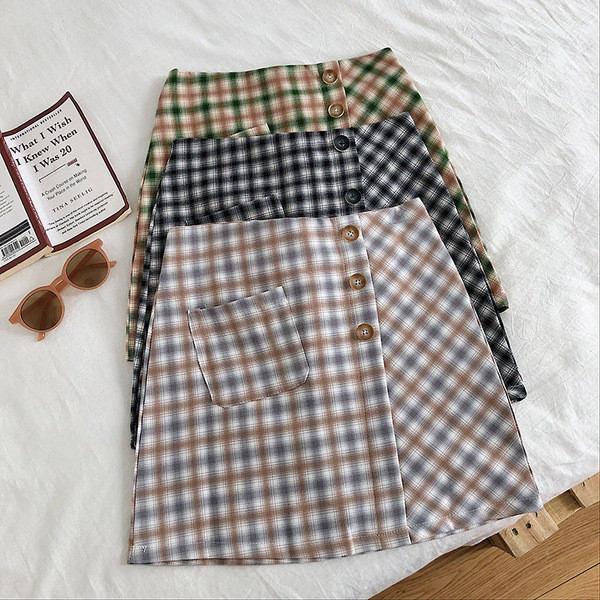 Fusta dama in carouri negru, bej si verde cu talie inalta si linie A