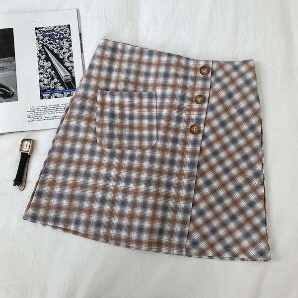 Fusta dama in carouri negru, bej si verde cu talie inalta si linie A