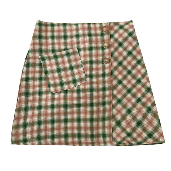 Fusta dama in carouri negru, bej si verde cu talie inalta si linie A