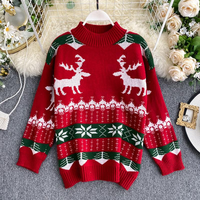 Pulover de dama modern cu model de Craciun si guler inalt in rosu si alb