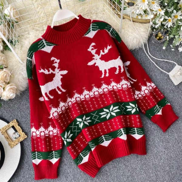 Pulover de dama modern cu model de Craciun si guler inalt in rosu si alb