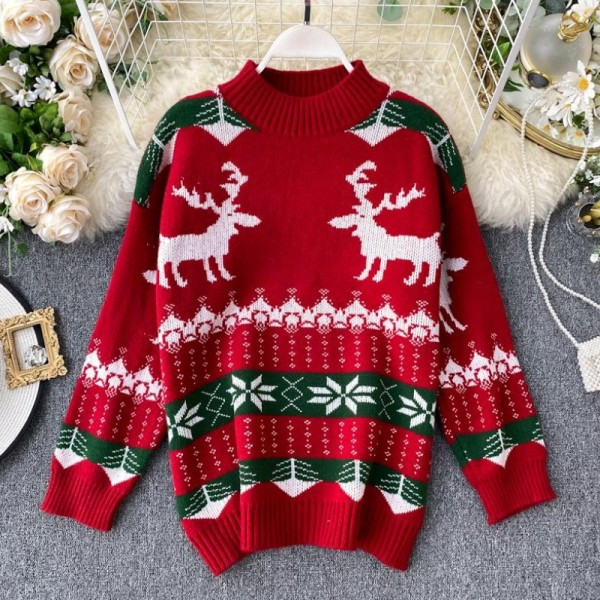 Pulover de dama modern cu model de Craciun si guler inalt in rosu si alb