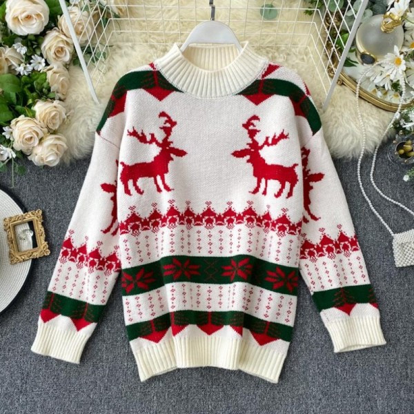 Pulover de dama modern cu model de Craciun si guler inalt in rosu si alb