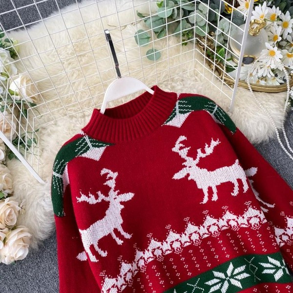 Pulover de dama modern cu model de Craciun si guler inalt in rosu si alb