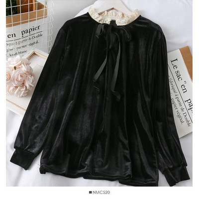 Modern női bársony blúz magas gallérral fekete és barna színben