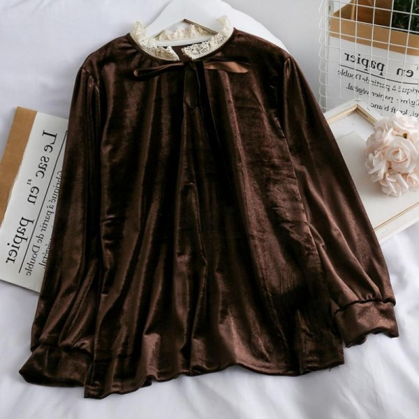 Modern női bársony blúz magas gallérral fekete és barna színben