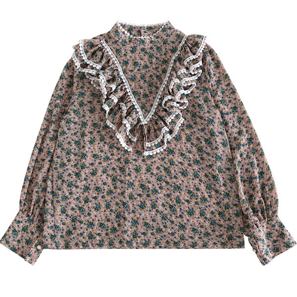 Retro stílusú női ing fehér, rózsaszín és zöld színben virágos motívumokkal és fürtökkel