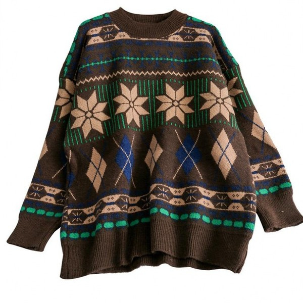 Modern női pulóver ovális nyakkivágással és színes mintával fekete-fehérben