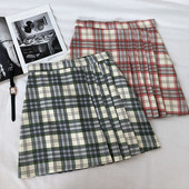 Rózsaszín, zöld és barna kockás női szoknya, magas derékkal