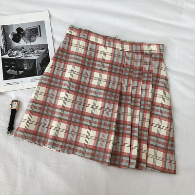 Rózsaszín, zöld és barna kockás női szoknya, magas derékkal