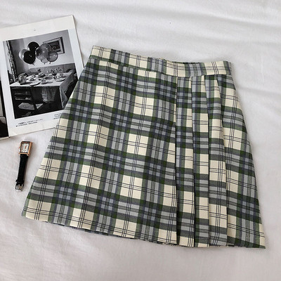 Rózsaszín, zöld és barna kockás női szoknya, magas derékkal