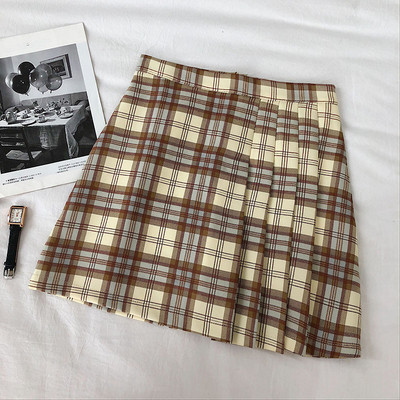 Rózsaszín, zöld és barna kockás női szoknya, magas derékkal