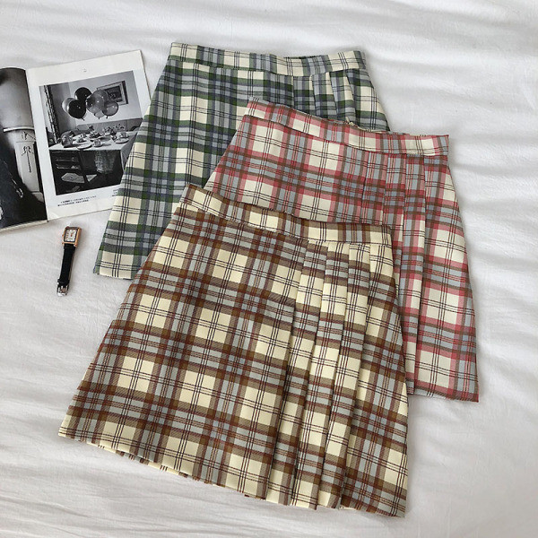 Rózsaszín, zöld és barna kockás női szoknya, magas derékkal