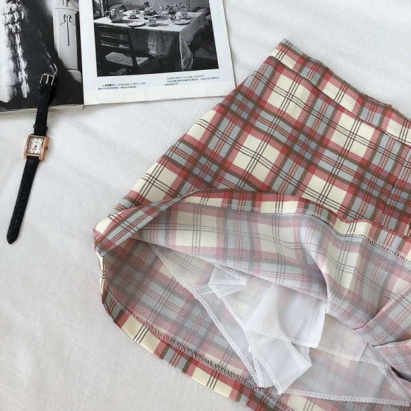 Rózsaszín, zöld és barna kockás női szoknya, magas derékkal