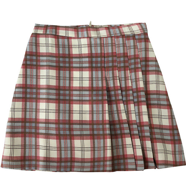 Rózsaszín, zöld és barna kockás női szoknya, magas derékkal