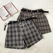 Retro stílusú kockás női nadrág szürke és barna színben, magas derékkal és övvel