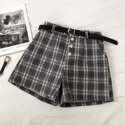 Retro stílusú kockás női nadrág szürke és barna színben, magas derékkal és övvel