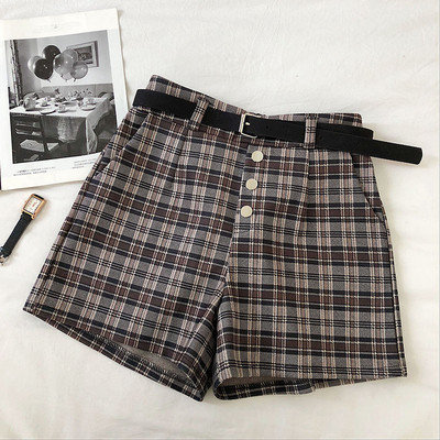 Retro stílusú kockás női nadrág szürke és barna színben, magas derékkal és övvel