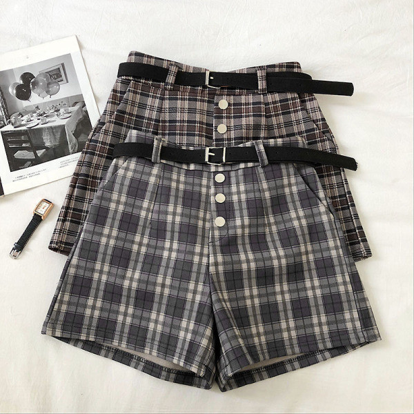 Retro stílusú kockás női nadrág szürke és barna színben, magas derékkal és övvel