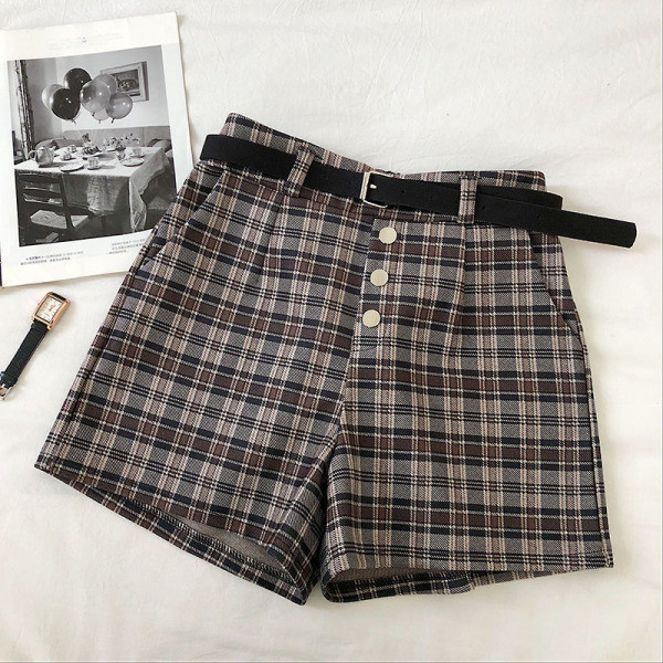 Retro stílusú kockás női nadrág szürke és barna színben, magas derékkal és övvel