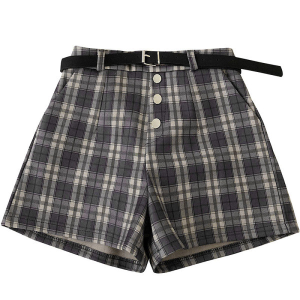 Retro stílusú kockás női nadrág szürke és barna színben, magas derékkal és övvel