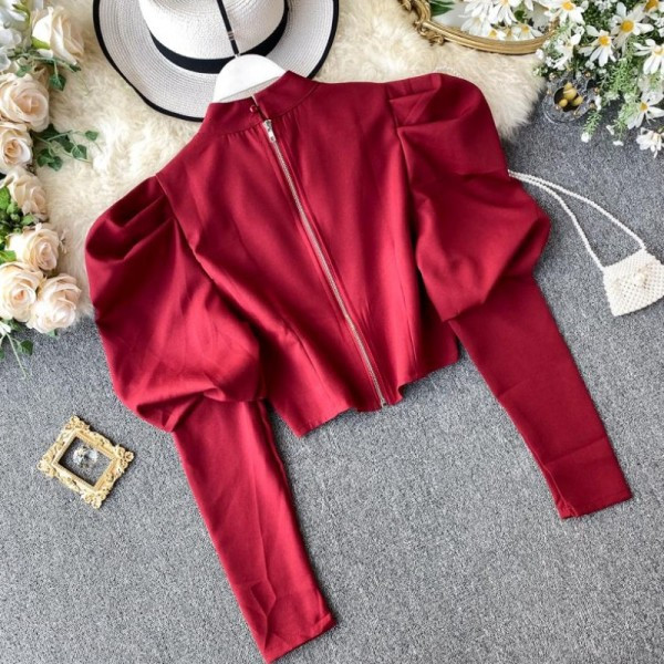 Stílusos rövid női blúz puffos ujjakkal és gombokkal bordó, fekete, fehér és bézs színben