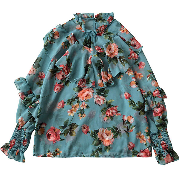 Női ing fehér, rózsaszín és kék színben, széles ujjakkal és fürtökkel