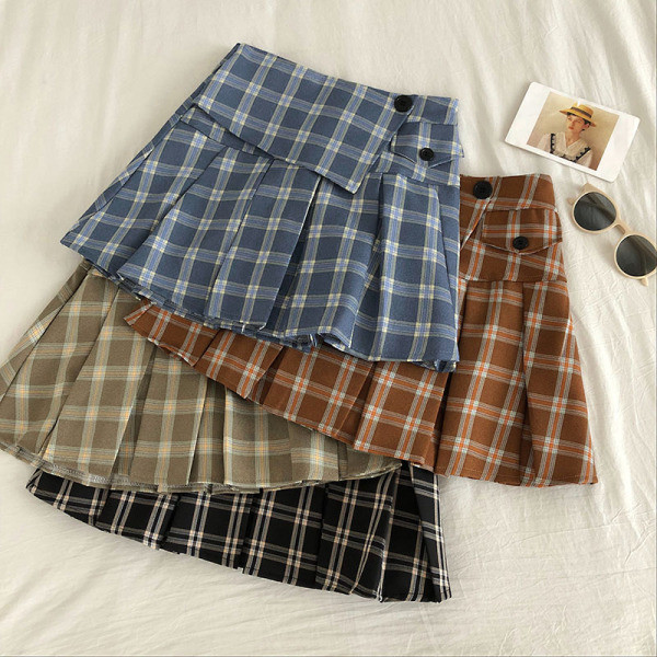Kockás női szoknya szabású modell négy színben, magas derékkal