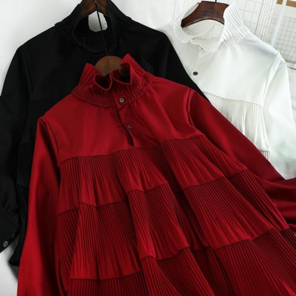 Modern női ing magas gallérral és gombokkal - széles modell fekete, piros és fehér színekben