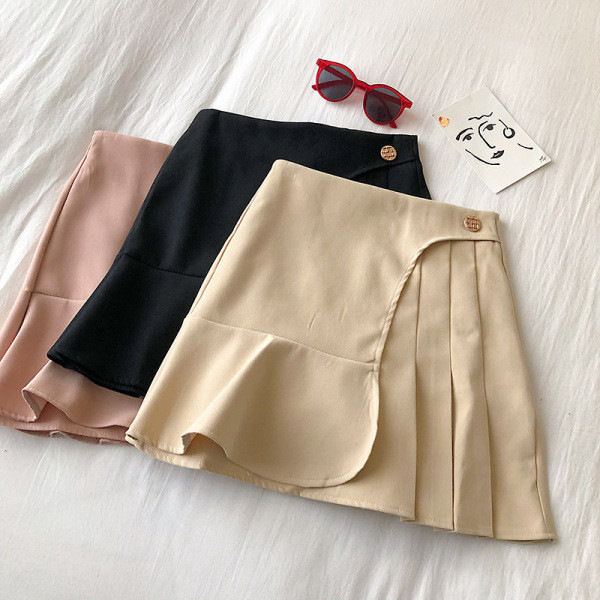 Modern női szoknya fekete, bézs és rózsaszín színekben, magas derékkal és gombbal