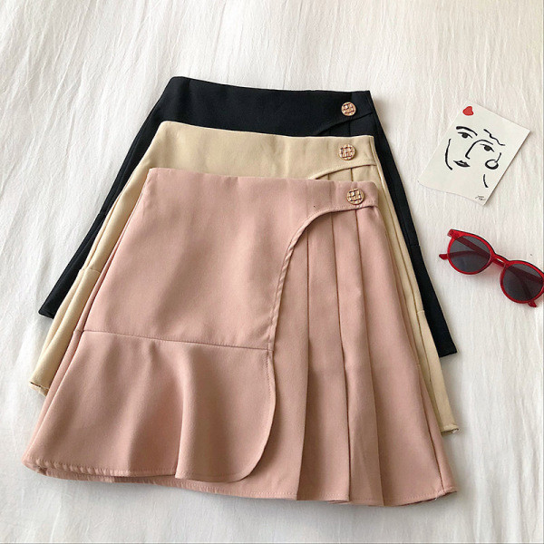 Modern női szoknya fekete, bézs és rózsaszín színekben, magas derékkal és gombbal
