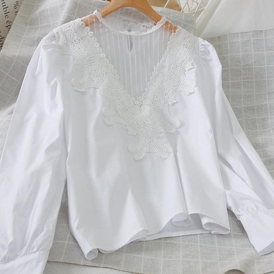 Bluză de damă modernă cu dantelă și mâneci lungi în alb și negru