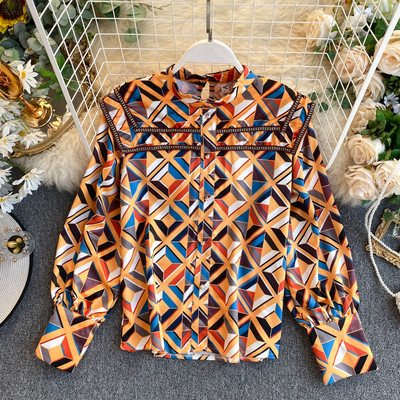 Retro stílusú női ing kék és narancs színben, széles ujjakkal és gombokkal