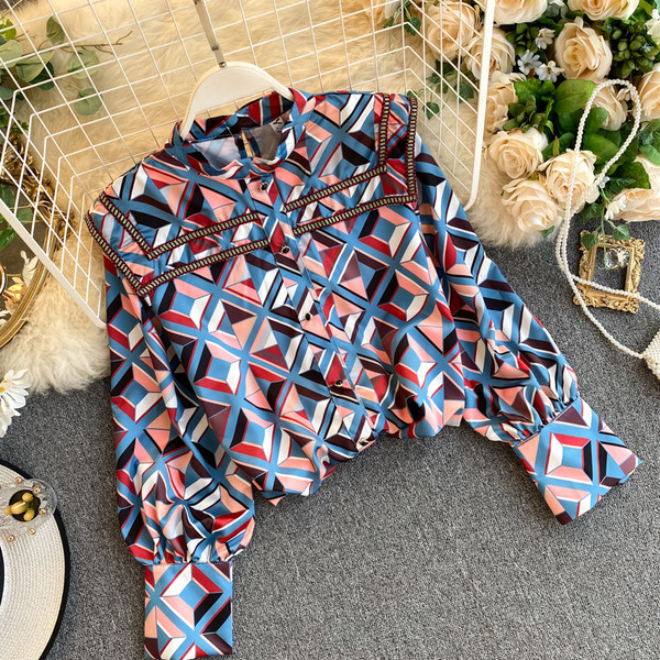 Retro stílusú női ing kék és narancs színben, széles ujjakkal és gombokkal