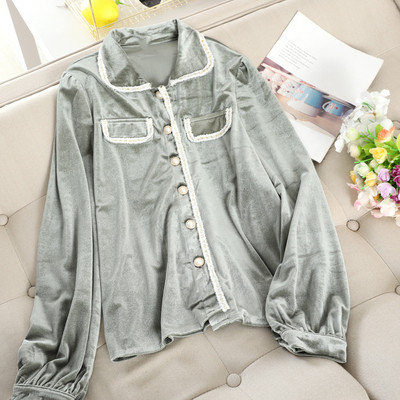 Modern női bársony ing gombokkal és klasszikus gallérral, két színben