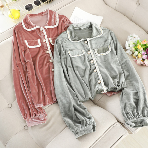 Modern női bársony ing gombokkal és klasszikus gallérral, két színben