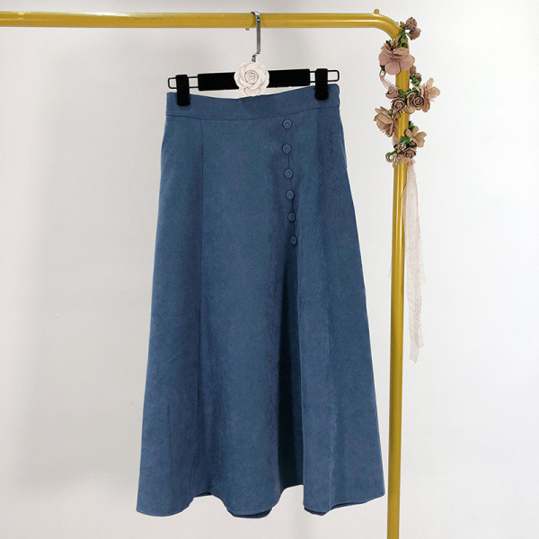 Lezser hosszú szoknya magas derékkal és gombos kivágású modell kék, barna és fekete színekben